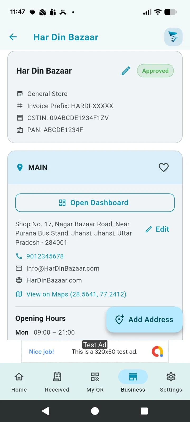 Approved Business Details screen A